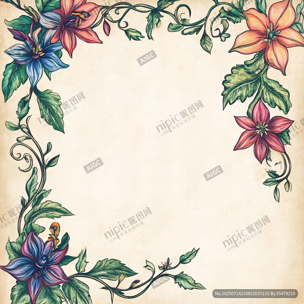 復(fù)古花卉邊框裝飾插畫(huà)
