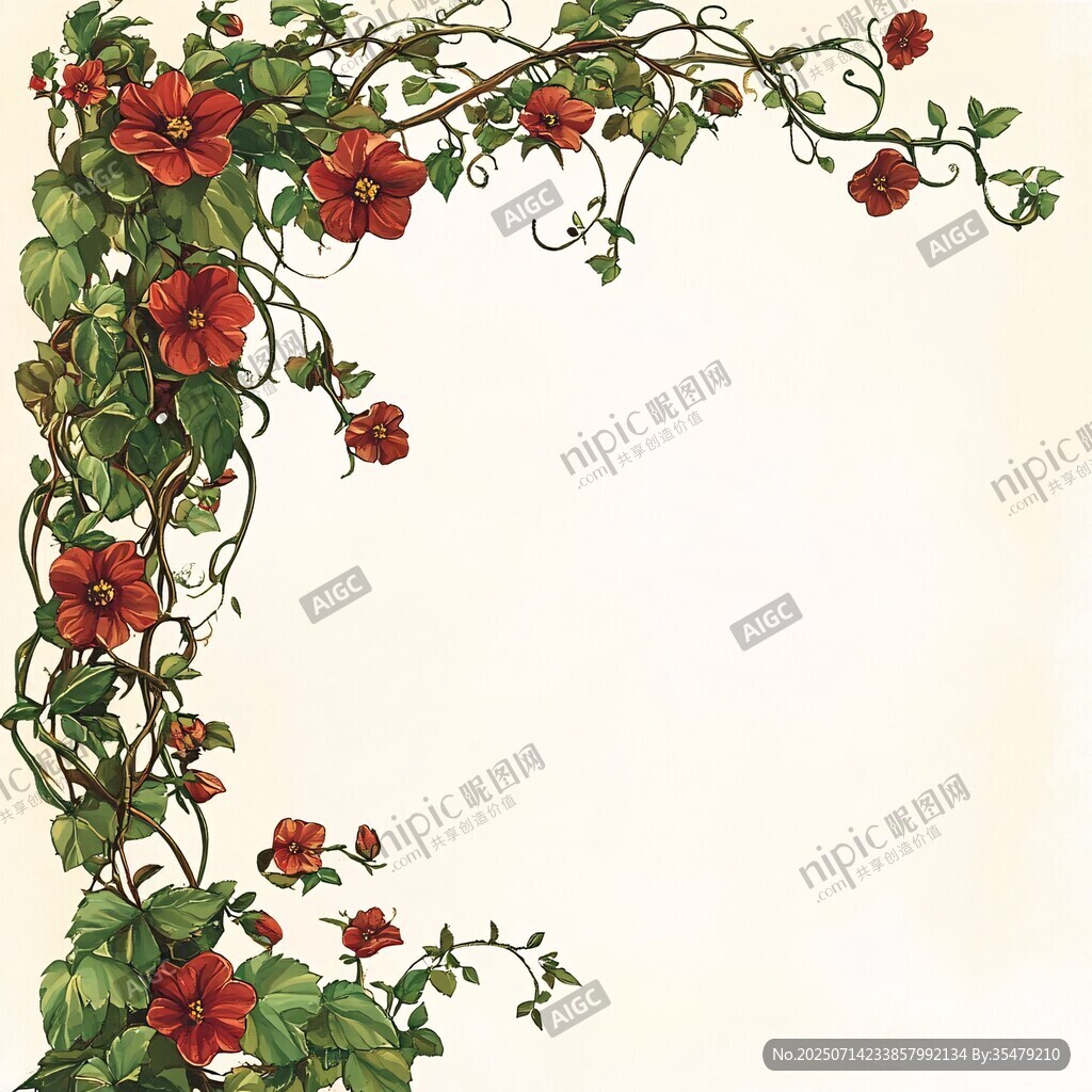 紅色花卉藤蔓邊框裝飾圖