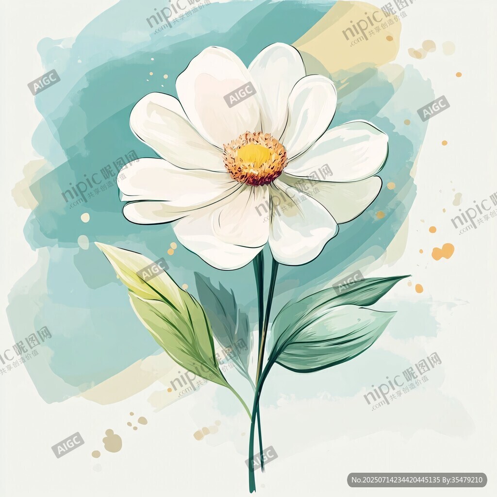 水彩風格白色花朵插畫