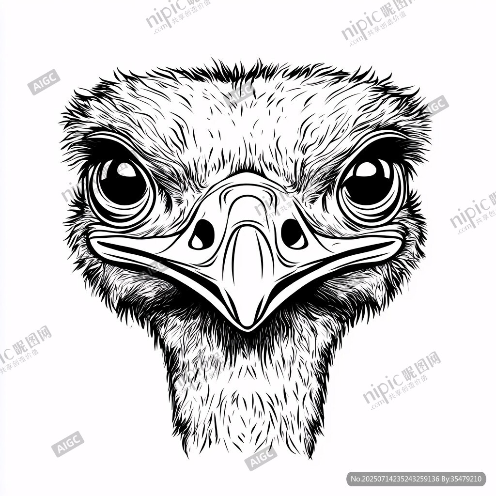 鴕鳥頭部黑白插畫特寫