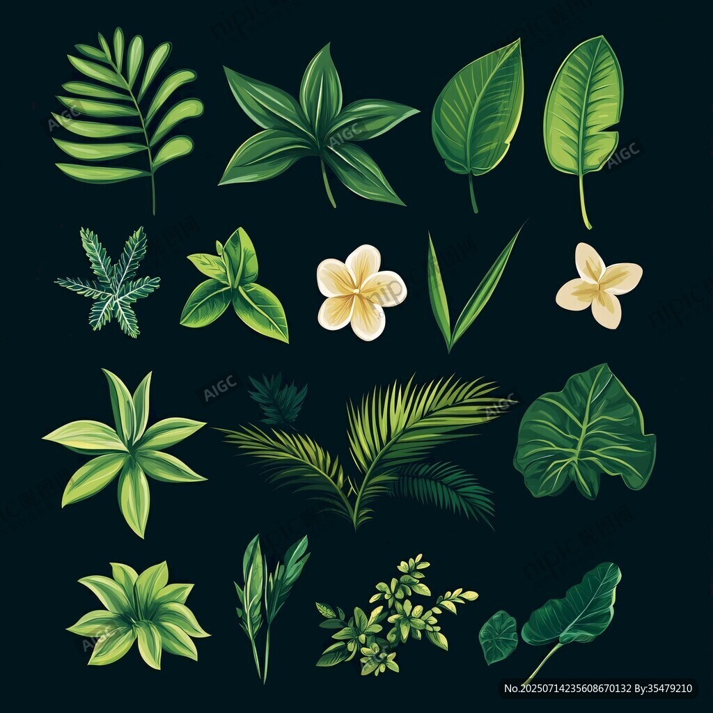 熱帶植物葉片與花朵插畫集
