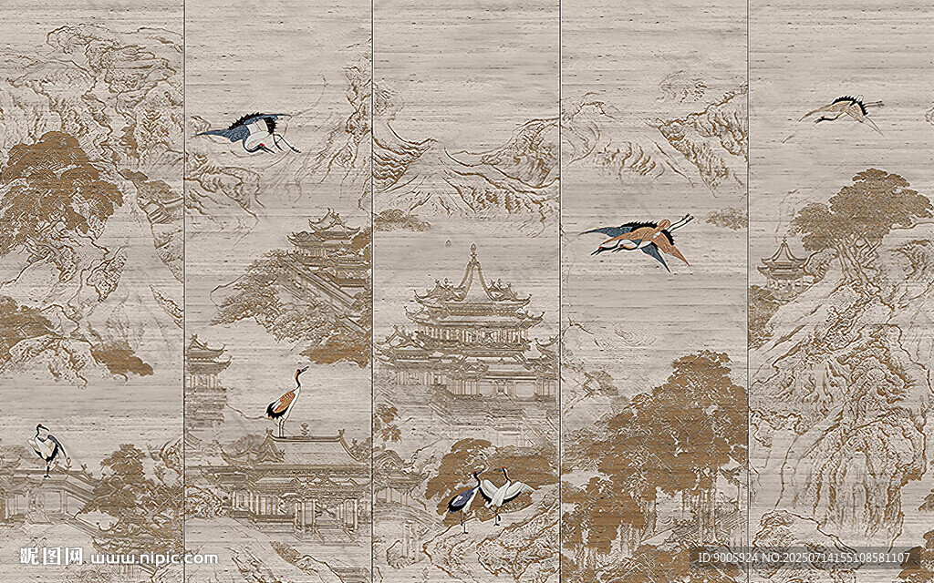 中式古風(fēng)山水飛鳥裝飾畫