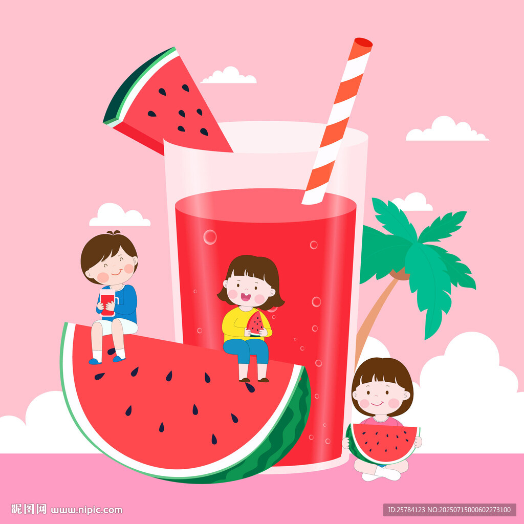 兒童夏季暑假一起吃西瓜喝西瓜汁