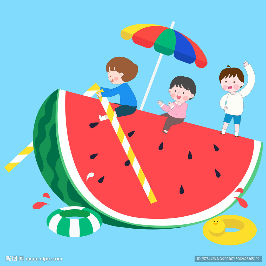 兒童夏季暑假吃西瓜劃船玩耍插畫