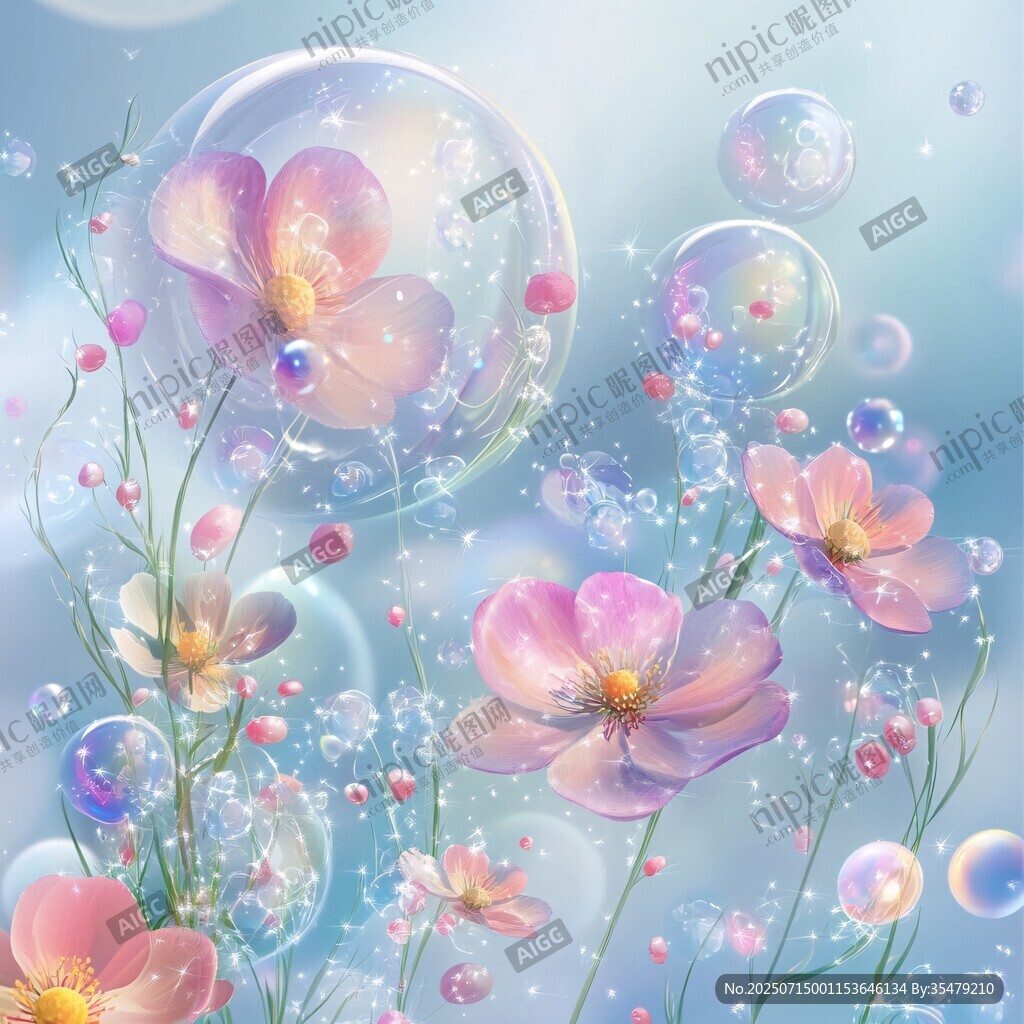 夢幻花朵與泡泡的唯美畫面
