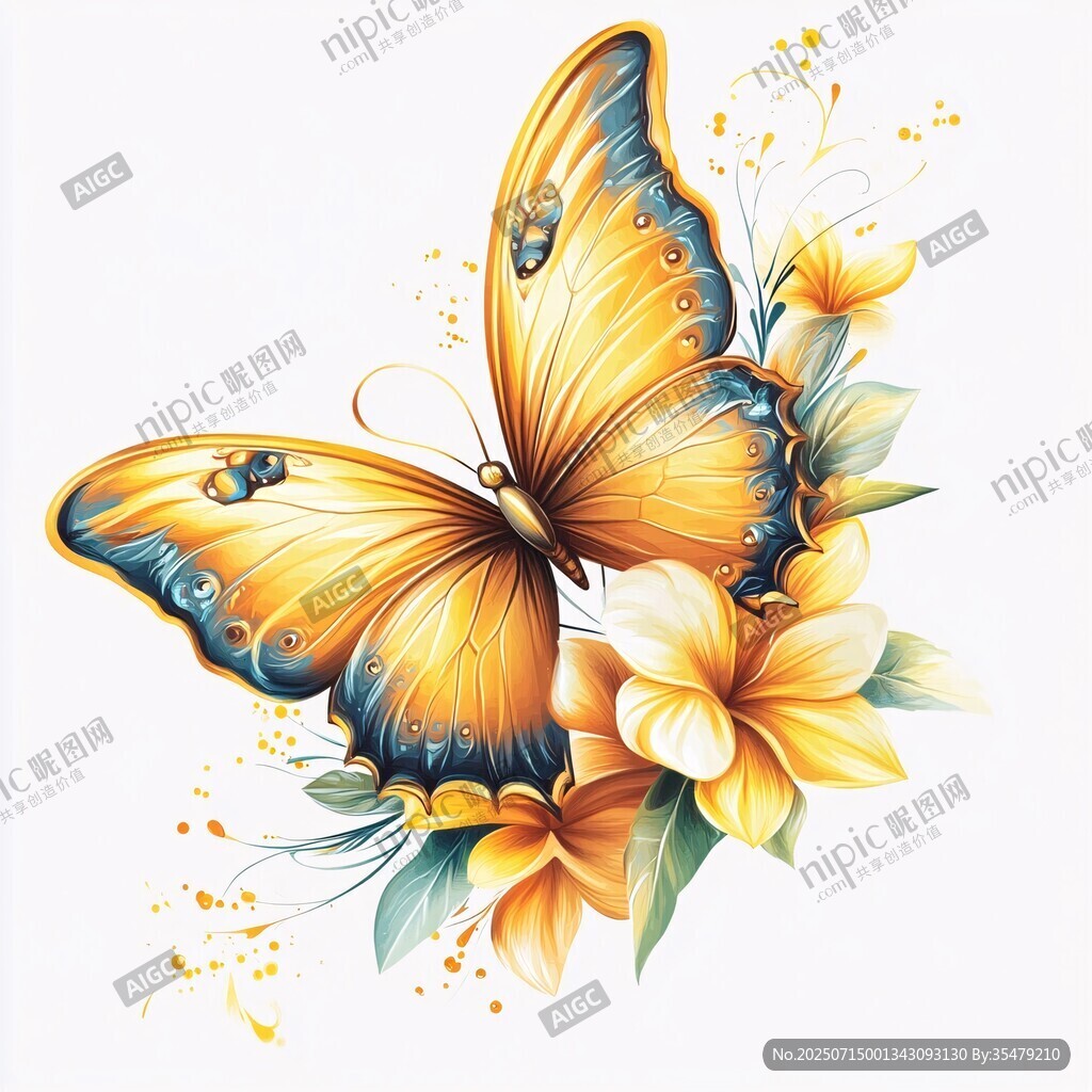 黃蝶伴花唯美插畫圖案