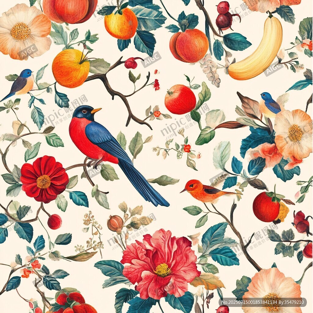 花鳥果蔬圖案的精美插畫