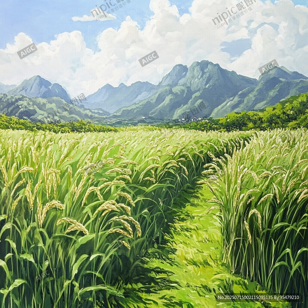 田園綠野間的山間美景