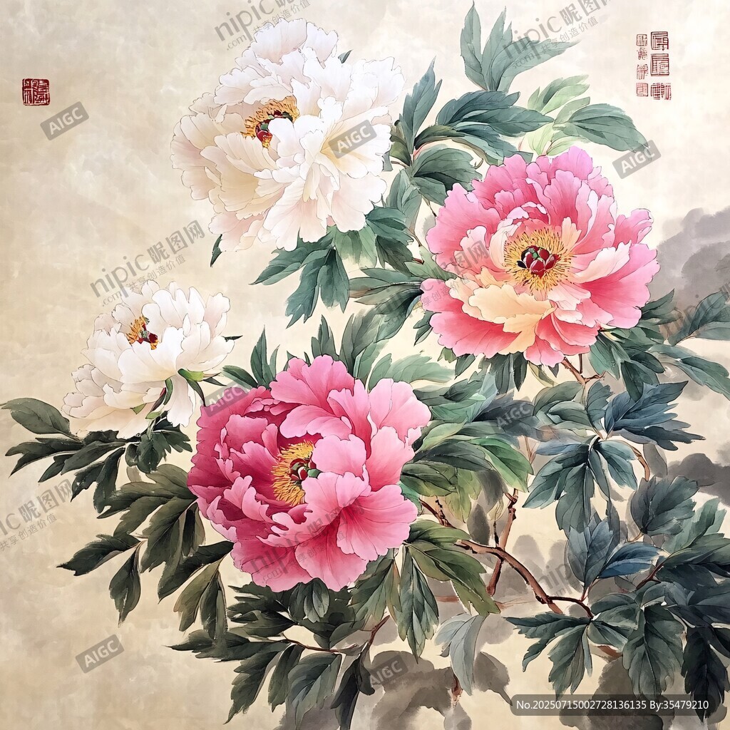 國畫牡丹圖 繁花綠葉之美
