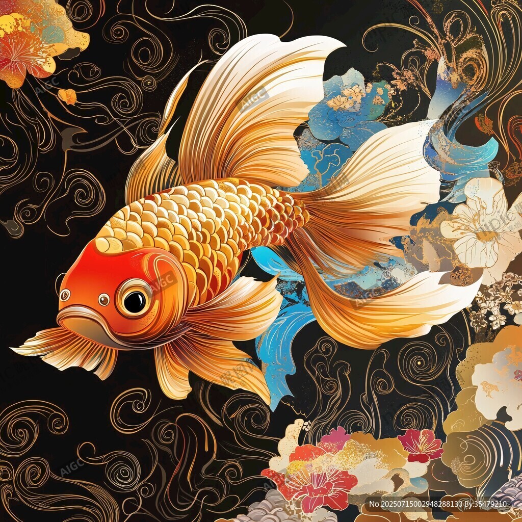 金鯉游弋于繁花云紋間