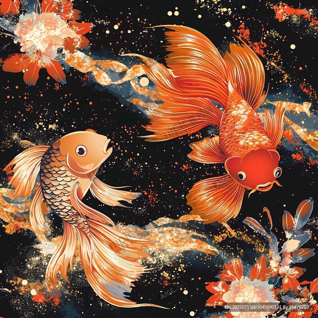雙金魚戲花水墨風(fēng)圖案