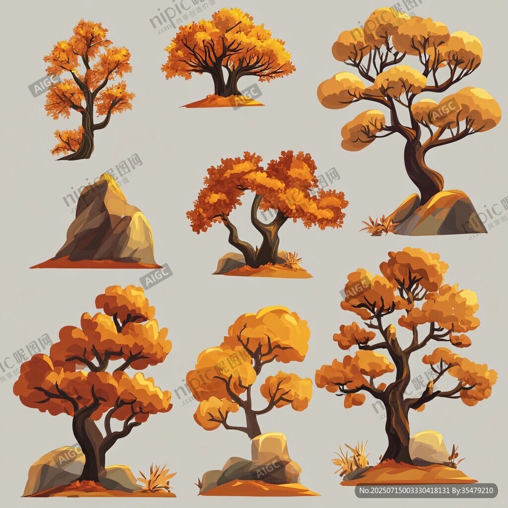 秋季樹木巖石插畫集合