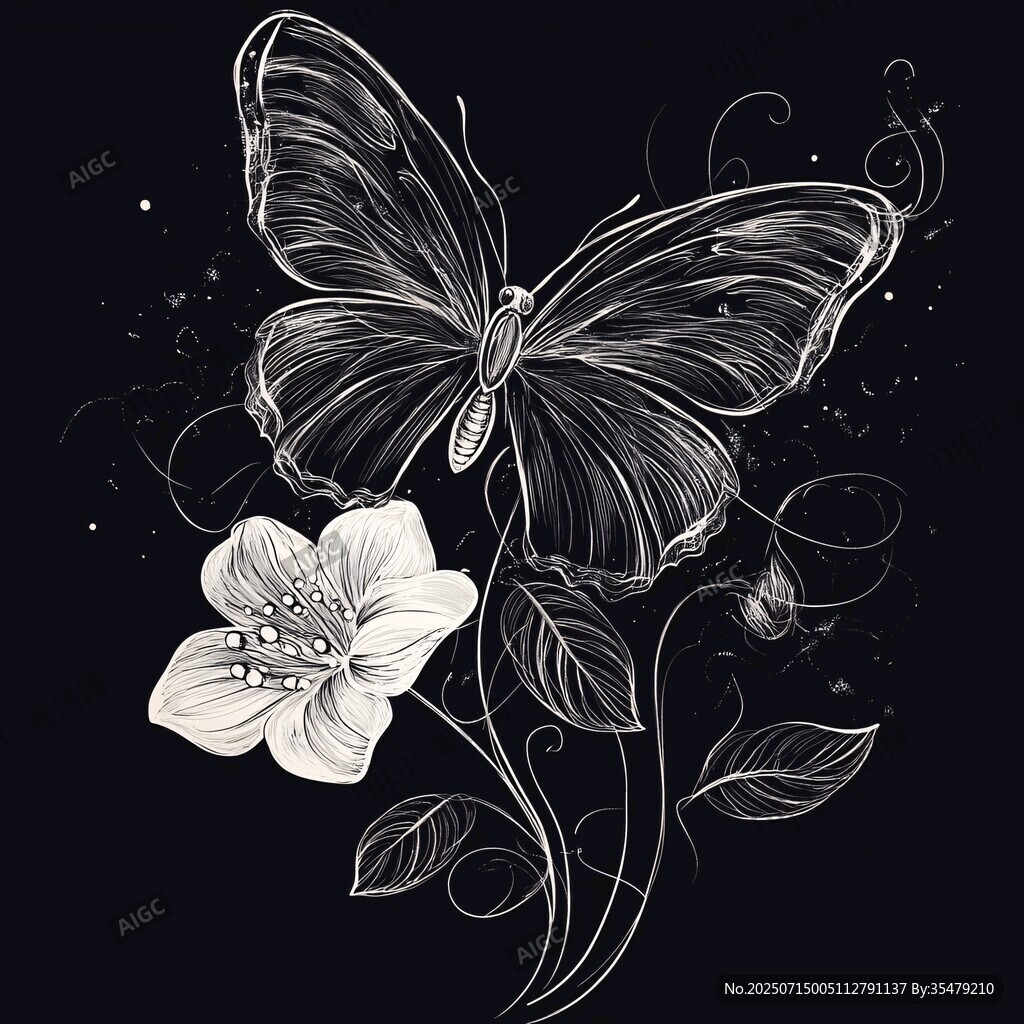 黑白蝴蝶與花的優(yōu)雅插畫