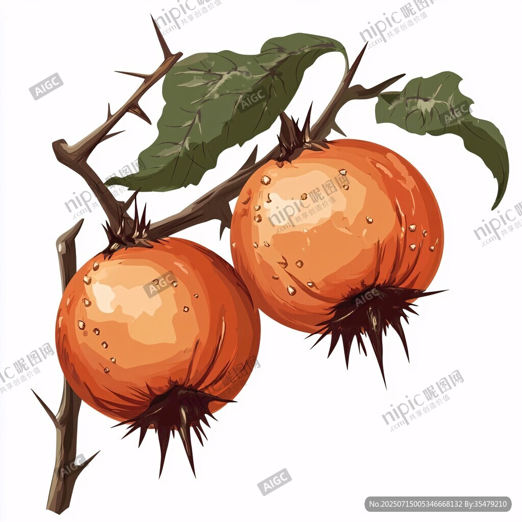 枝頭雙柿帶露插畫圖