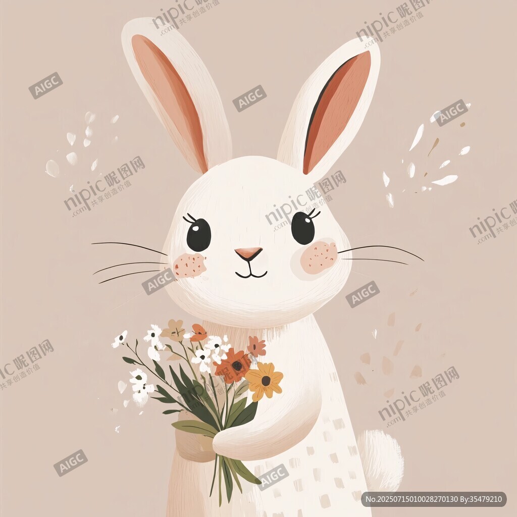 抱花白兔的可愛插畫