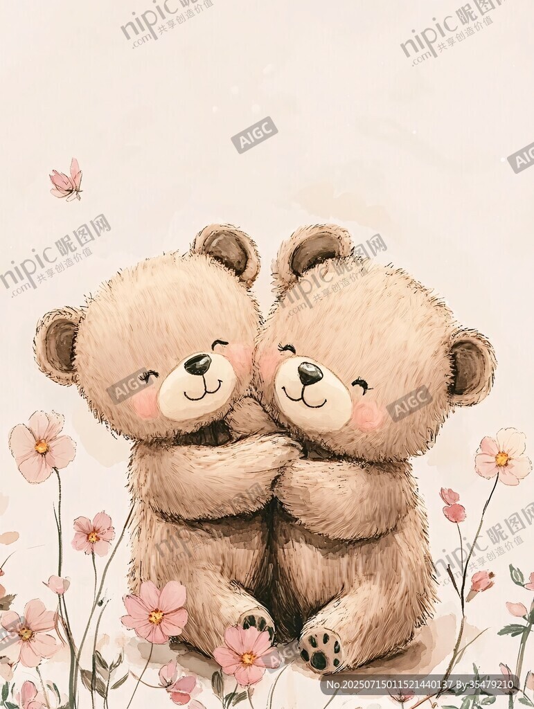 可愛小熊花叢中溫馨相擁