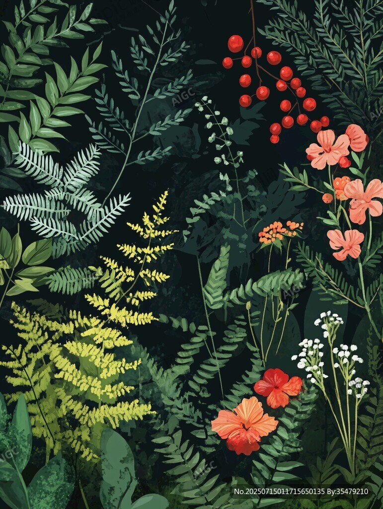 繁茂綠植花卉插畫作品
