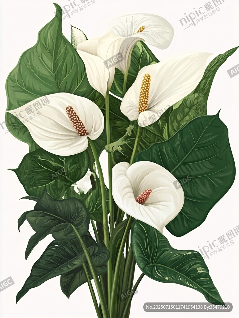 白色海芋花與綠葉插畫