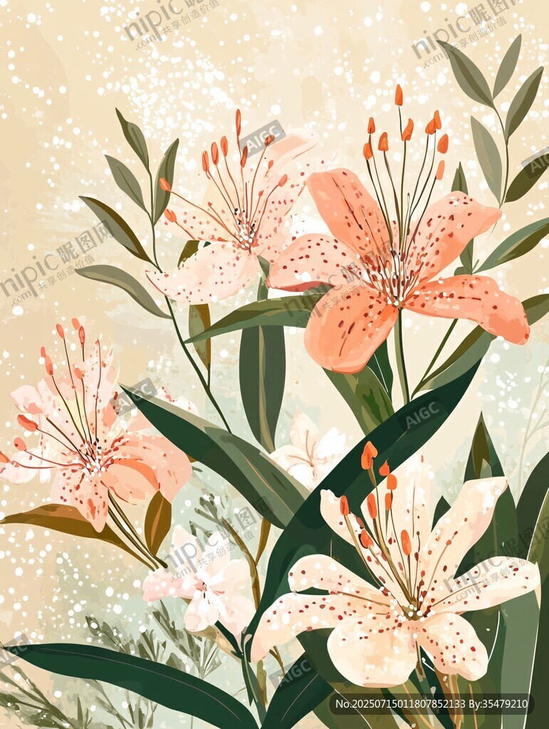 浪漫粉色百合花插畫