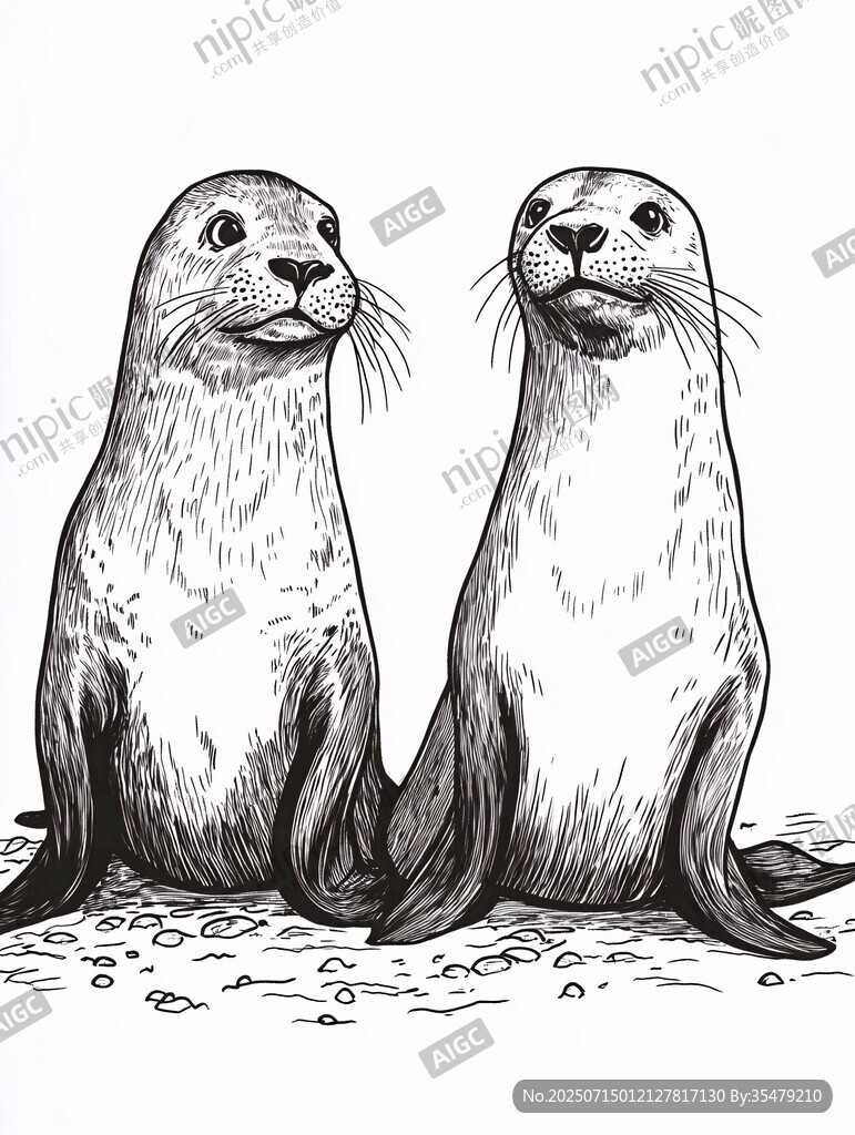 兩只海獅的黑白插畫