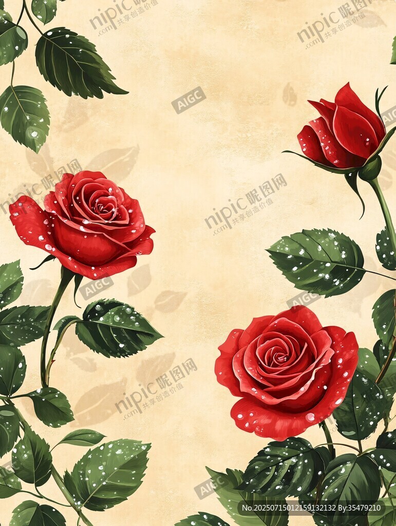 復(fù)古風帶露紅玫瑰插畫