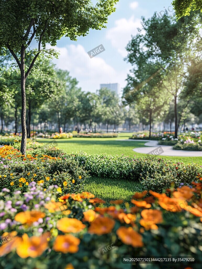 城市花園中的繽紛花卉景觀