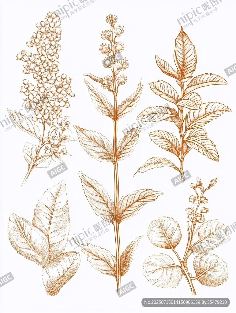 手繪金色植物葉片插畫