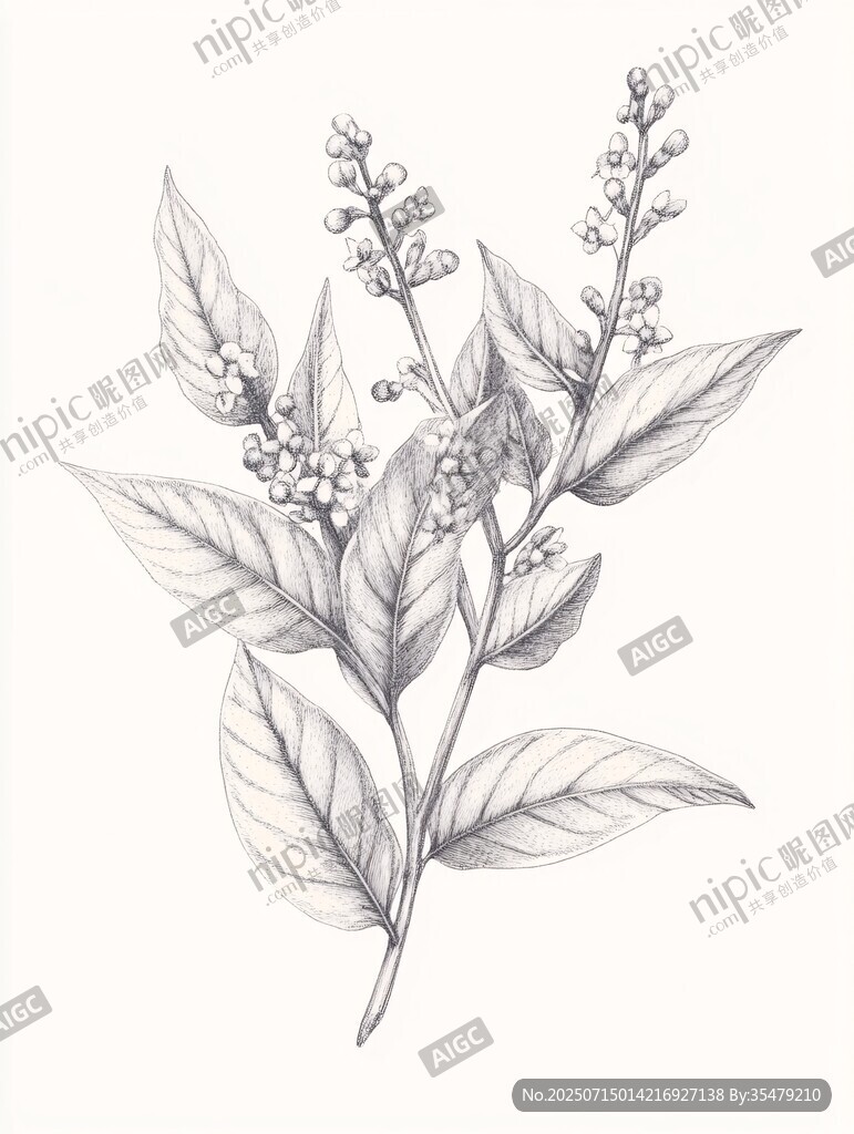 手繪植物枝葉與小花