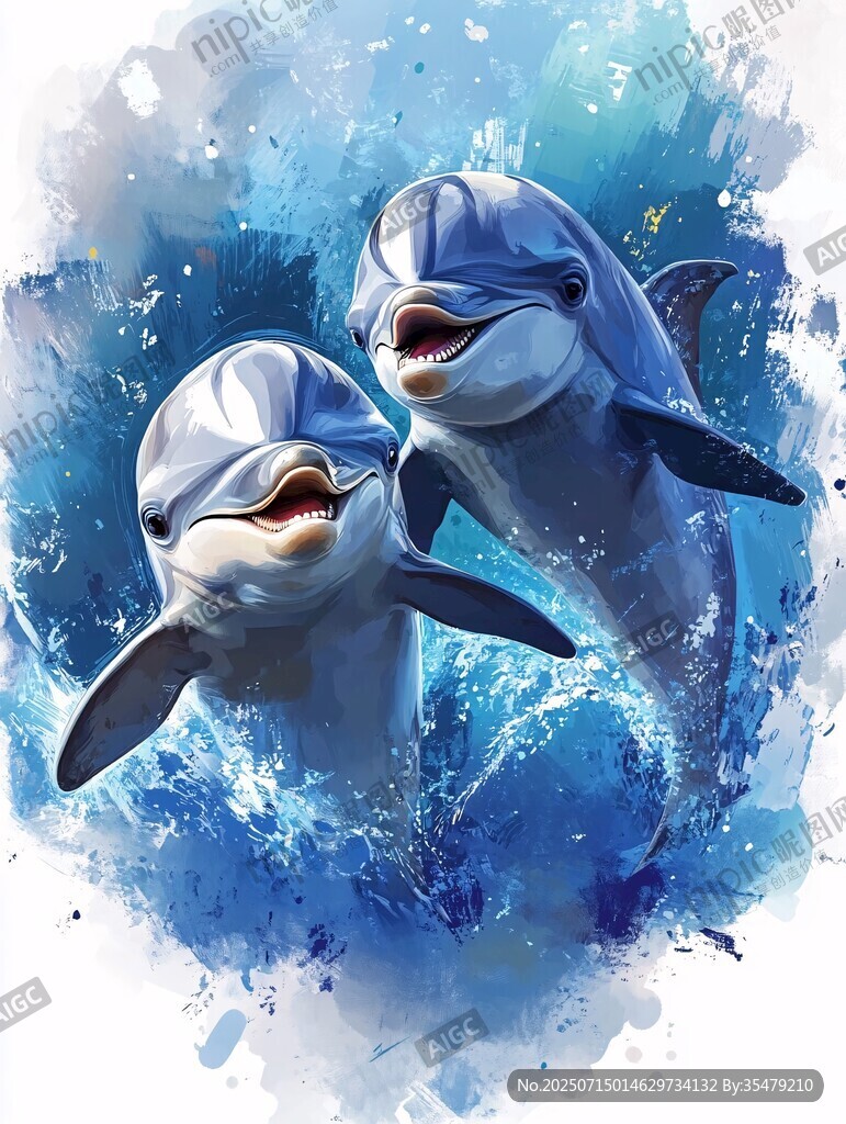 雙海豚暢游水彩海洋圖