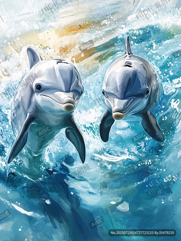 雙海豚躍出藍色海浪瞬間