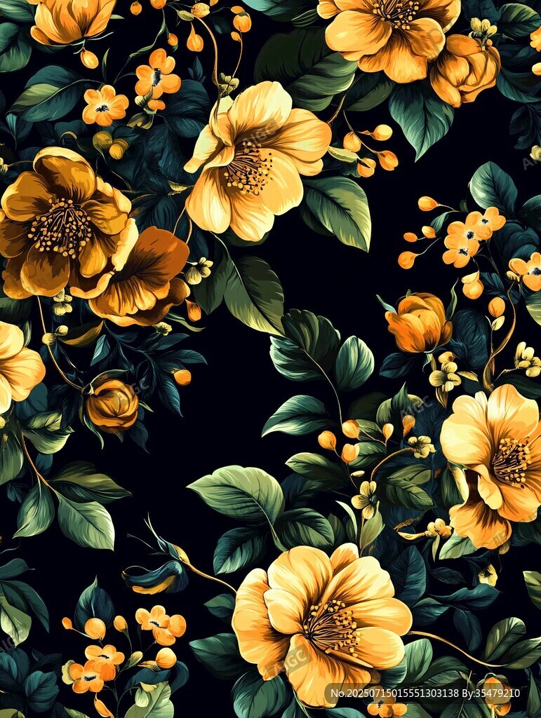 黑色背景上的金黃花卉圖案