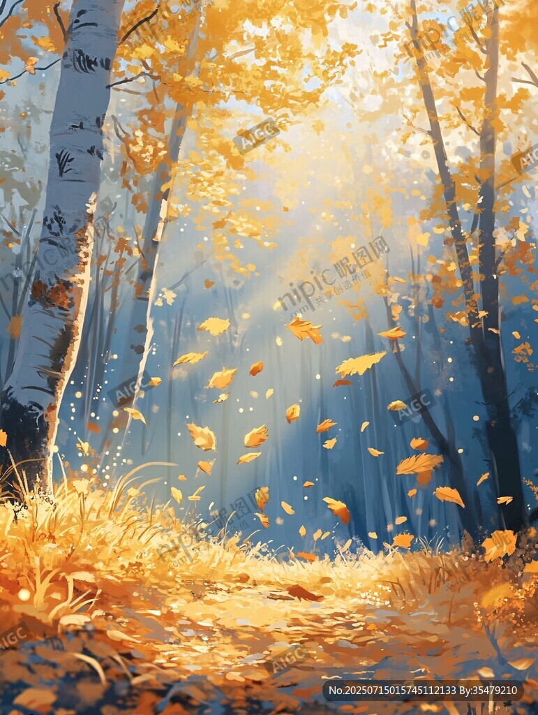 秋日林間光影落葉美景
