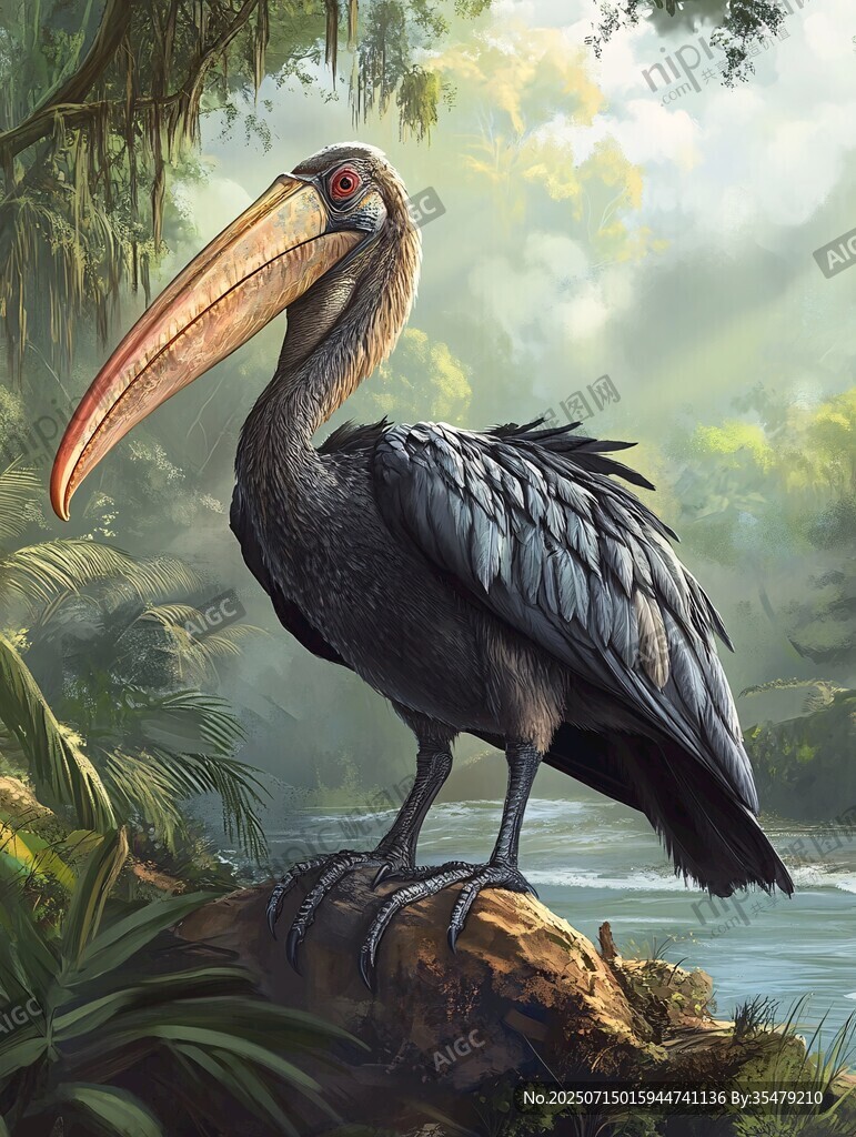 巨嘴怪鳥立于叢林巖石間