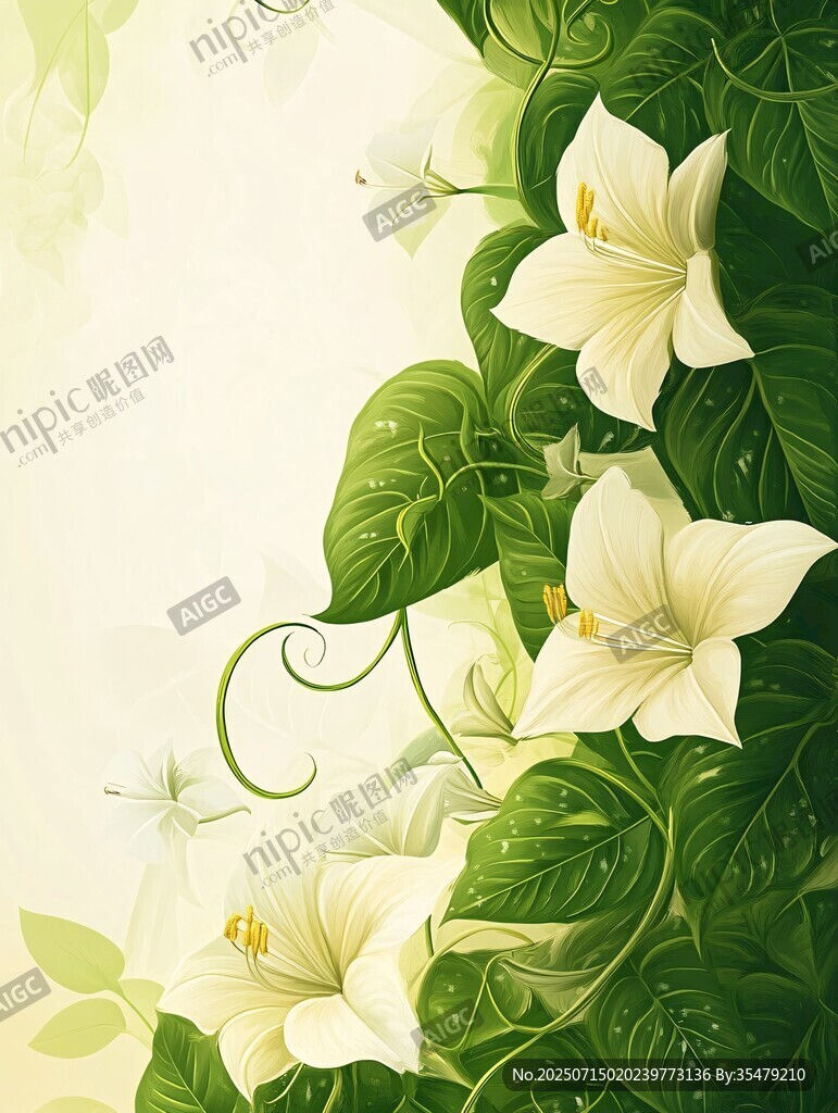 夢(mèng)幻白色花卉與綠葉背景