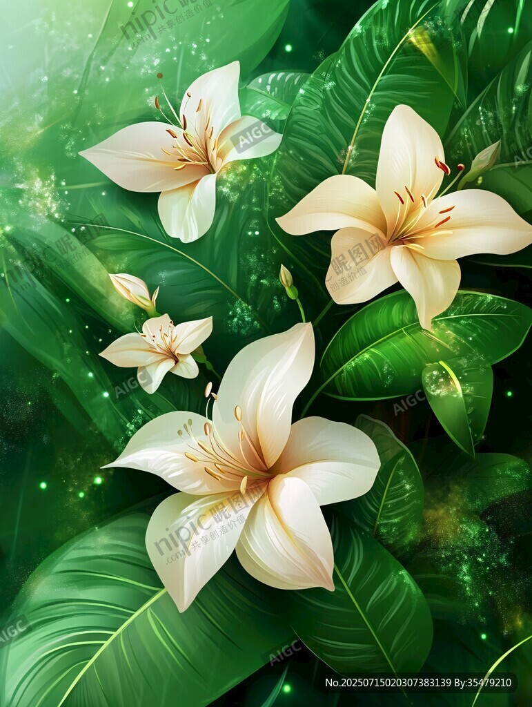 夢幻綠葉間的潔白花朵