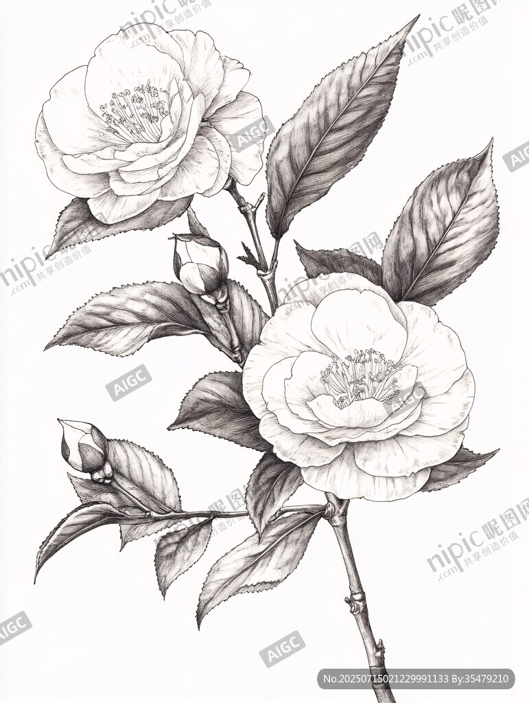 黑白手繪山茶花枝干圖