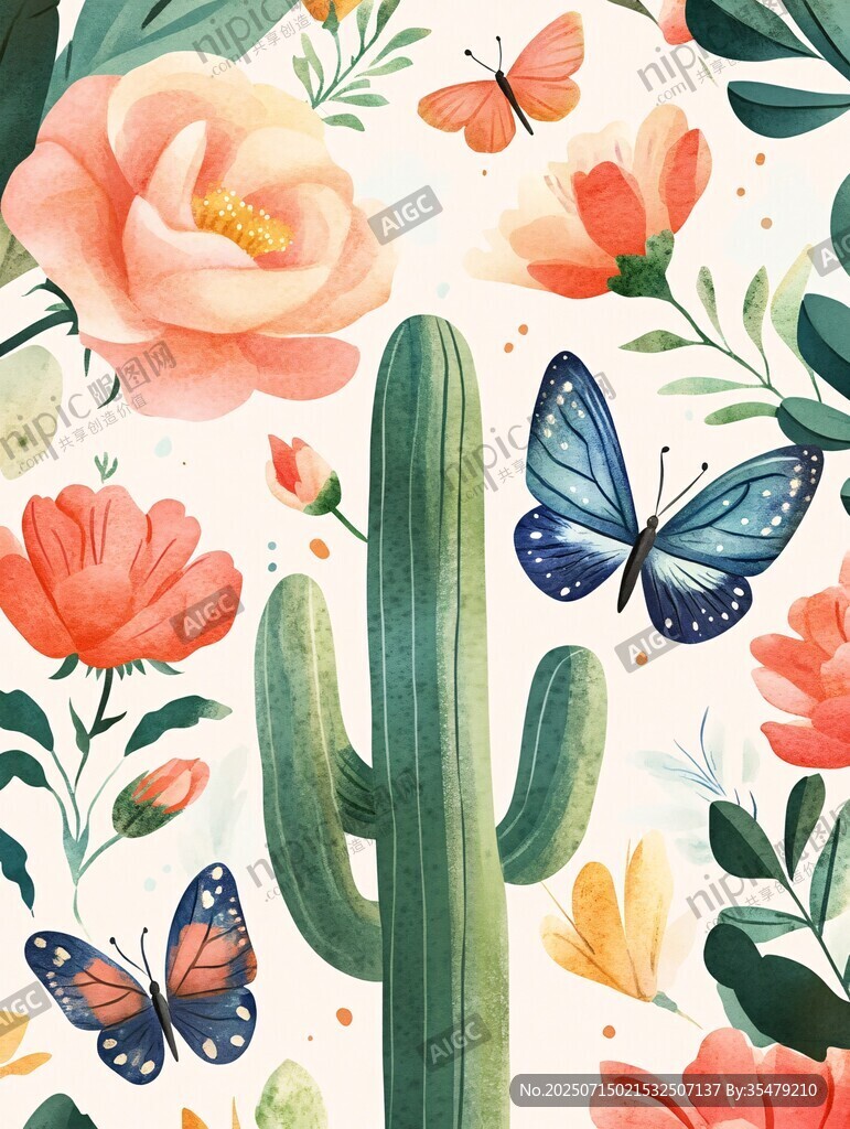 仙人掌與花卉蝴蝶插畫