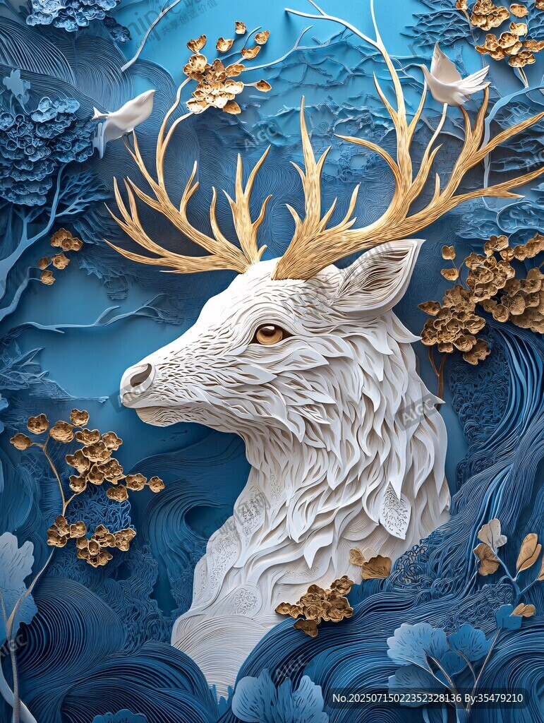 夢幻白鹿棲于藍金森林間