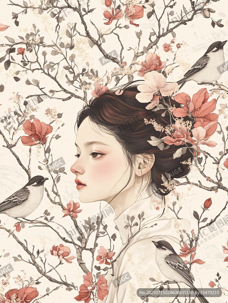 古風(fēng)佳人花間鳥兒相伴