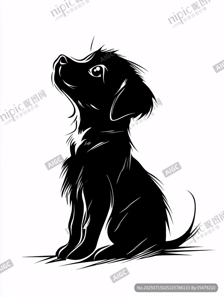 坐立小狗黑白插畫