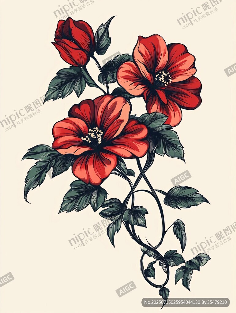 紅花朵與藤蔓精美插畫(huà)