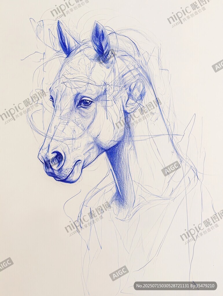 藍線勾勒的馬頭素描