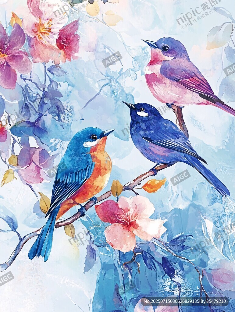 花鳥水彩畫 靈動(dòng)鳥兒棲繁花