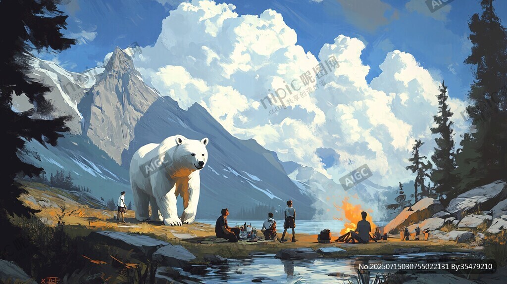 北極巨熊旁的戶外露營場景