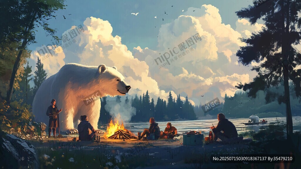 巨熊旁的露營奇妙場景