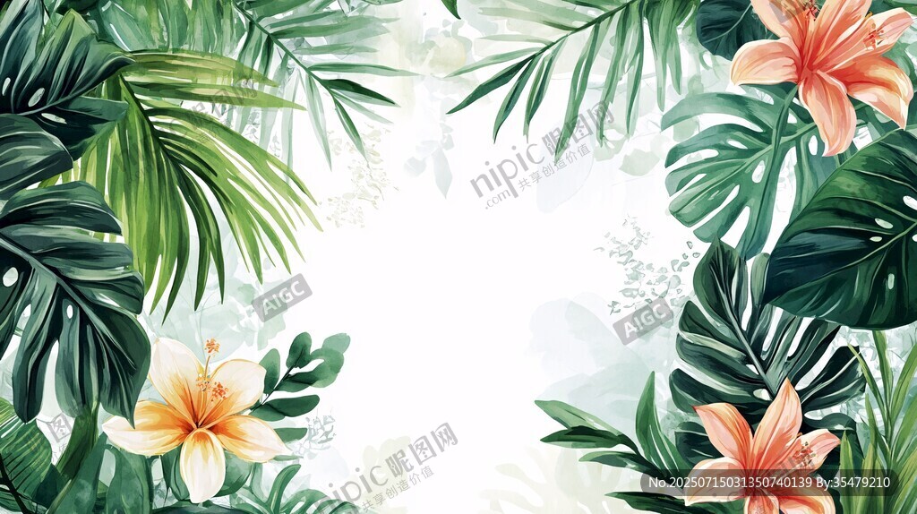 熱帶花卉綠植清新背景圖