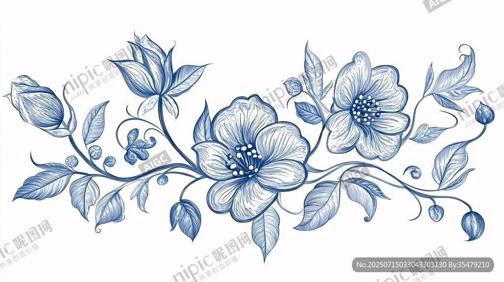 藍(lán)色手繪花卉裝飾圖案
