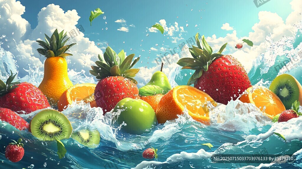 水果在海浪中歡快飛濺