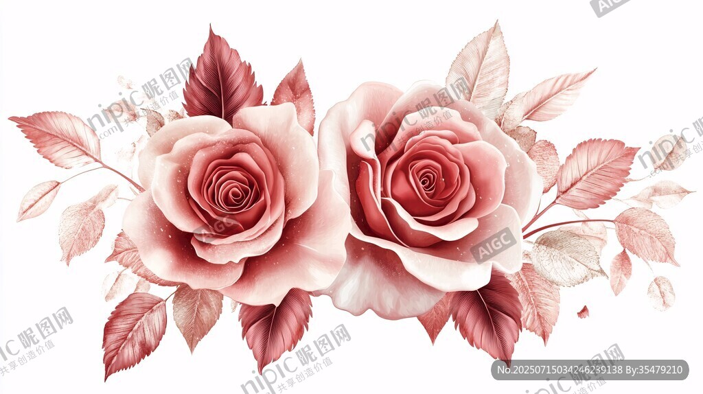 雙朵粉玫瑰花卉插畫