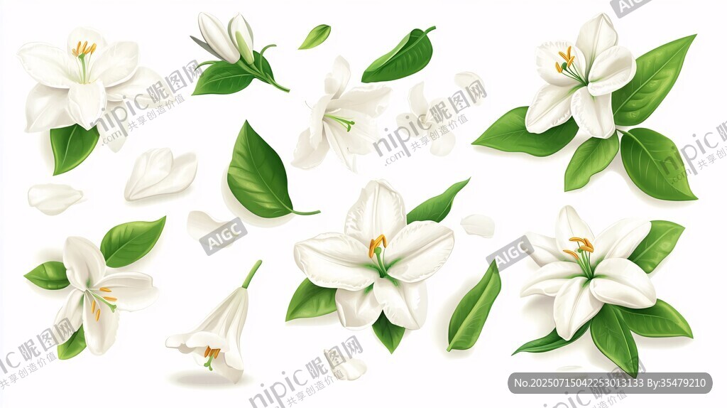 白色花朵綠葉素材集合
